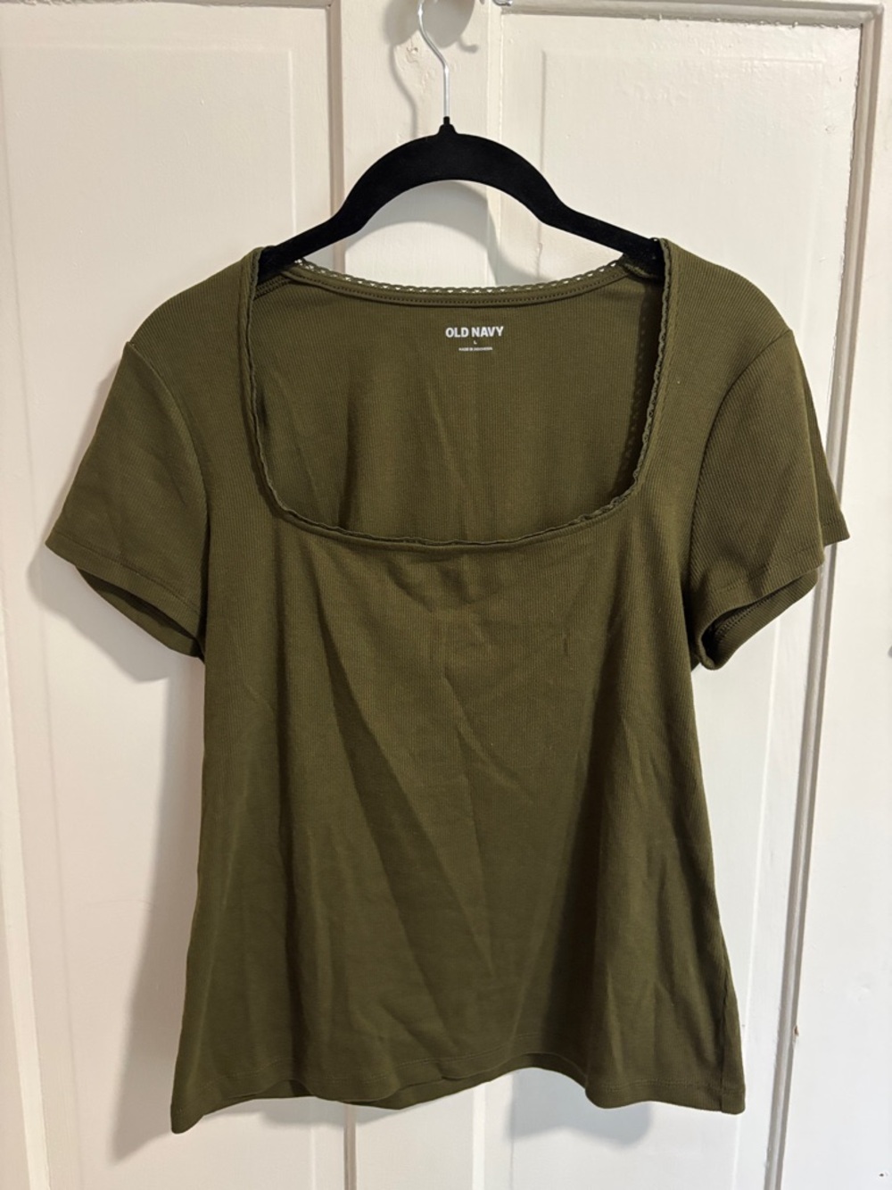 Old Navy Olive Square Neck Ribbed Short Sleeve Tee